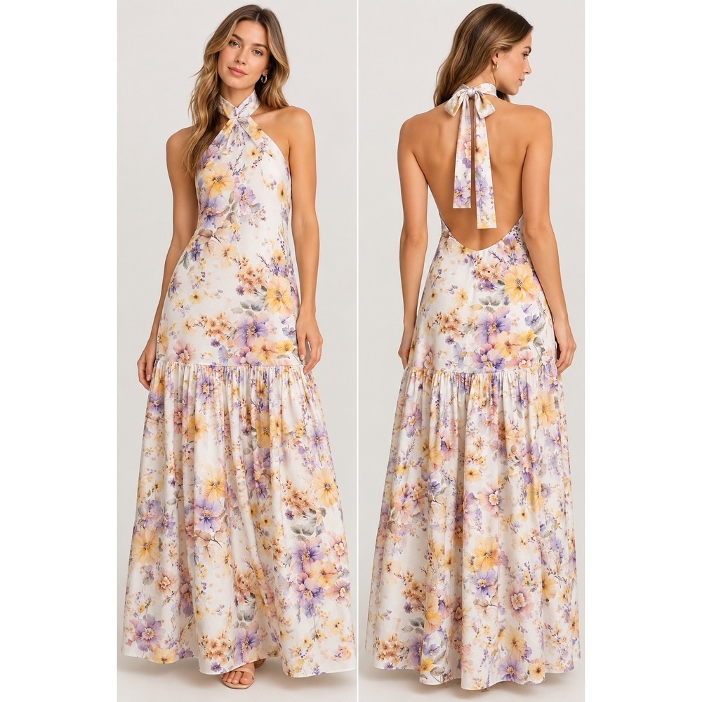 NWT Aqua Blu Womens XS Floral Halter Maxi Dress Silk Cotton Cottagecore Boho New